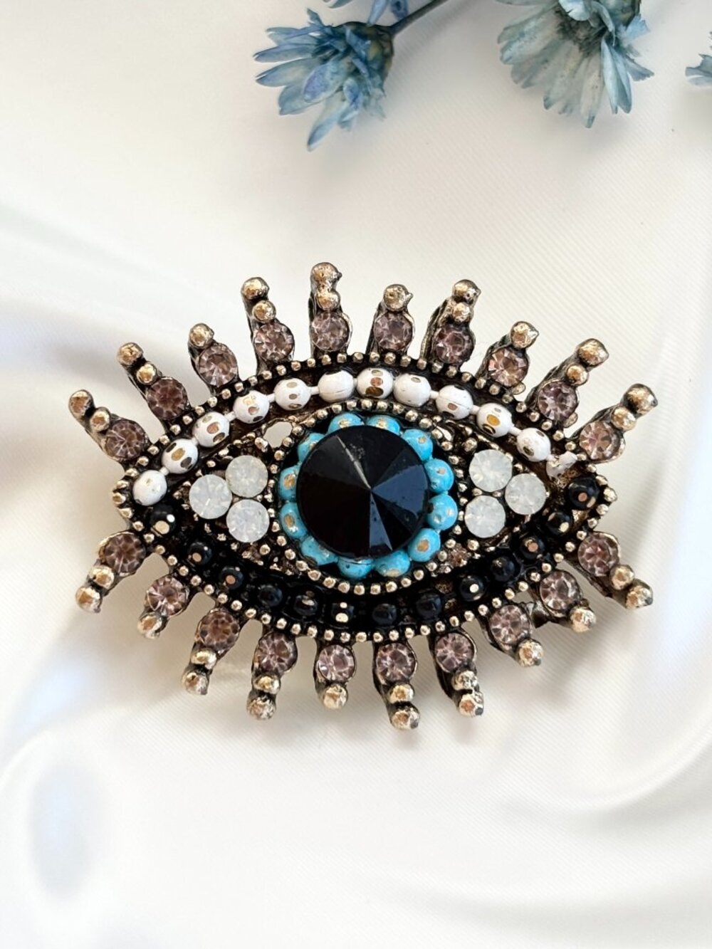 Evil Eye Gold Toned Blue Eyed Rhinestone Tiny Vintage Inspired Little Brooch Pin